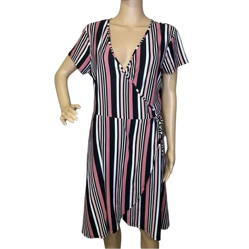Bobbie Brooks Striped Faux Wrap MIDI Dress Mauve White Black Peach Size Large